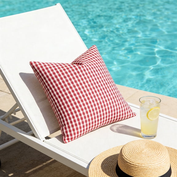 Outdoor Throw Pillow 17.7x17.7in Waterproof Plaid Cushion with Insert, Weather Resistant Square Patio Decor for Pool, Garden, Sofa, Balcony, Red