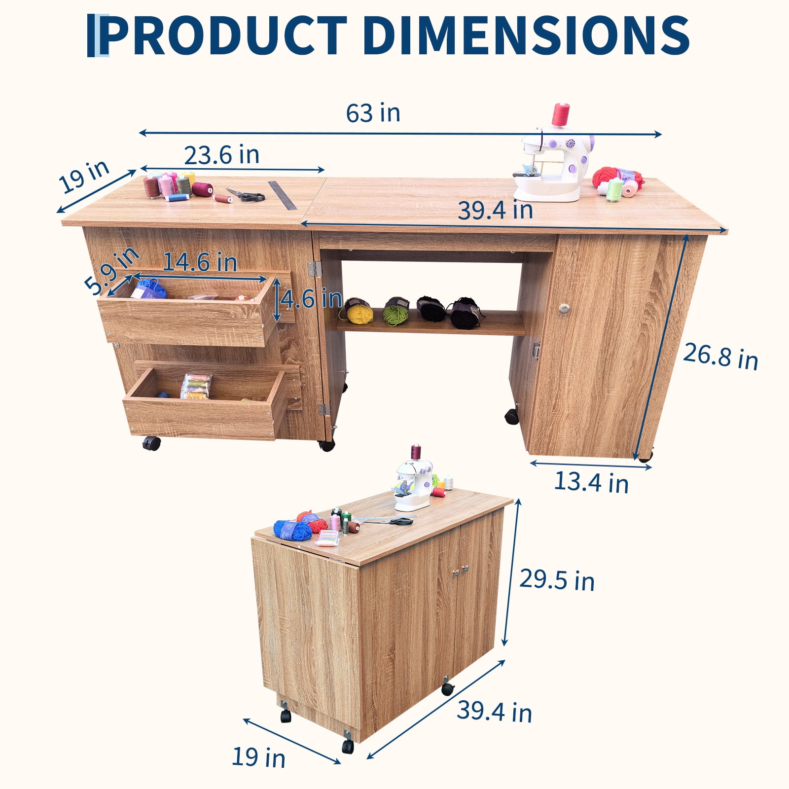 Gaderth Folding Sewing Table, Multipurpose Portable Craft Station & Side Desk with Caster Wheels, Storage Shelves, 2 Storage Trays, Magnetic Doors