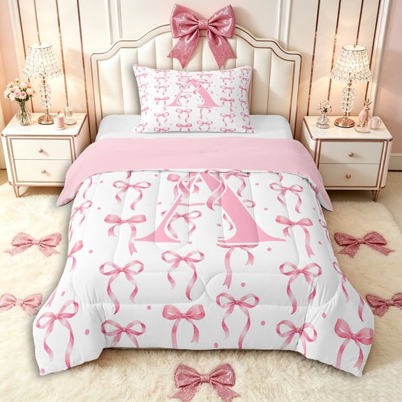 Manfei Girls Pink Letter Monogrammed A Twin Comforter Sets 3-Piece,Kids Teens Ribbon Bow Knot Polka Dots Bedding Set,Pink Reversible,Super Cozy Room Decor