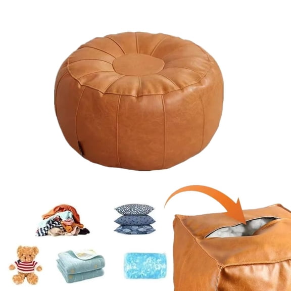 Storage Ottoman, Foot Stool, Lazy Sofa, Leather Stitched Cushion with Zipper, Rest Stool Under Desk, Stuffable Storage Dolls Old Blankets Clothes Pillows (Round Orange)
