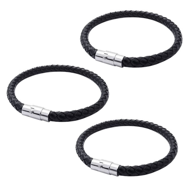 3X Pulsera de Joyeria, Acero Inoxidable de Cuero, Pulsera de Cuero Trenzado, para Hombres Mujeres, Negro - Ancho 6mm - Longitud 23cm