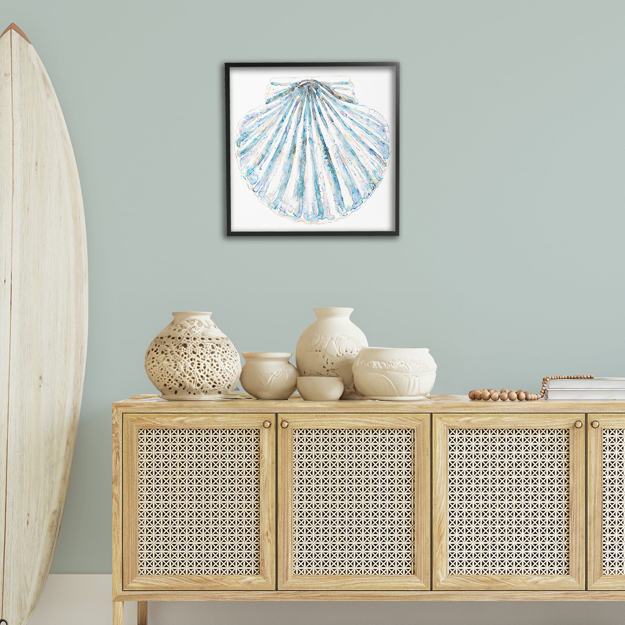 Stupell Industries Clam Shell on White Coastal Painting Black Framed Art Print Wall Art, 24 x 24