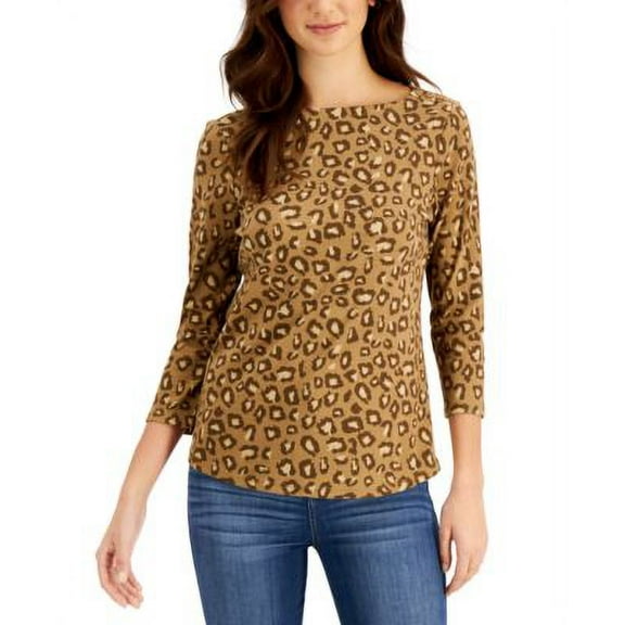 Charter Club Leopard Print Boat Neck Top Salty Nut Combo L