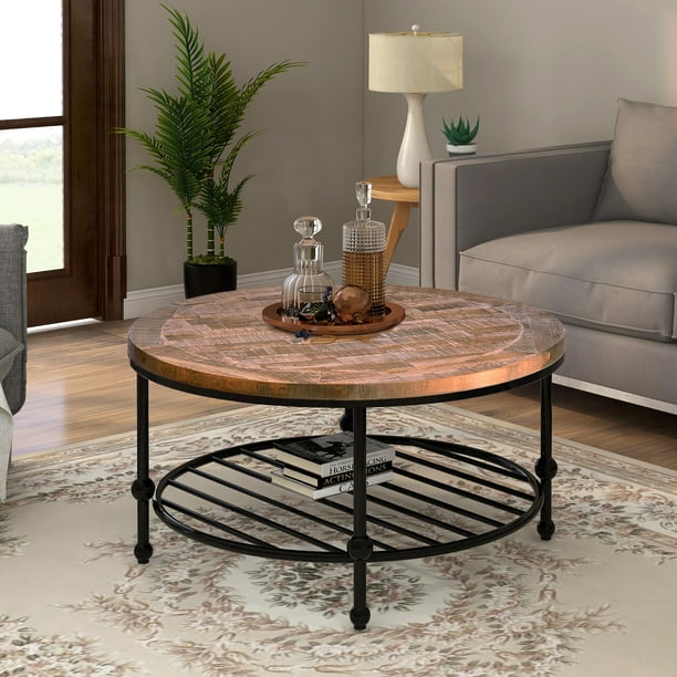Home Rustic Natural Round Coffee Table, 30 Round Coffee Table With Shelf