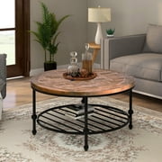 Home Rustic Natural Round Coffee Table with Storage Shelf for Living Room, Easy Assembly