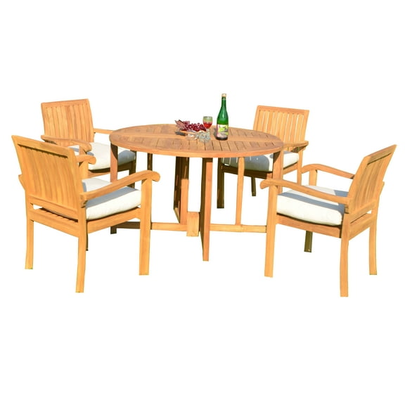 5 PC A Grade Outdoor Patio Teak Dining Set - 48" Butterfly Round Table & 4 Naples Stacking Arm Chairs