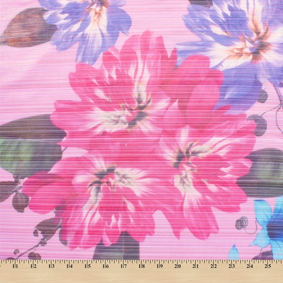 Zari Metallic Chiffon Jacquard Hibiscus Print Jacquard Fabric - Pink Sheer 58" By The Yard