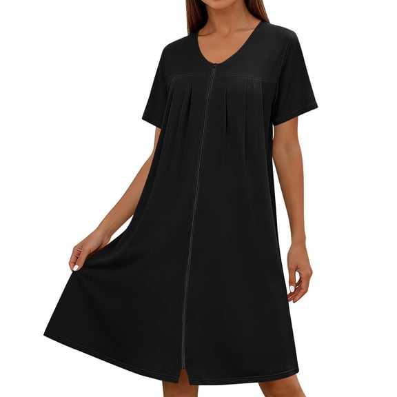 Women's Front Zipper Housecoat, Short Sleeve Pleated Duster Robe, Loose Fit Casual Nightgown Loungewear with Pockets