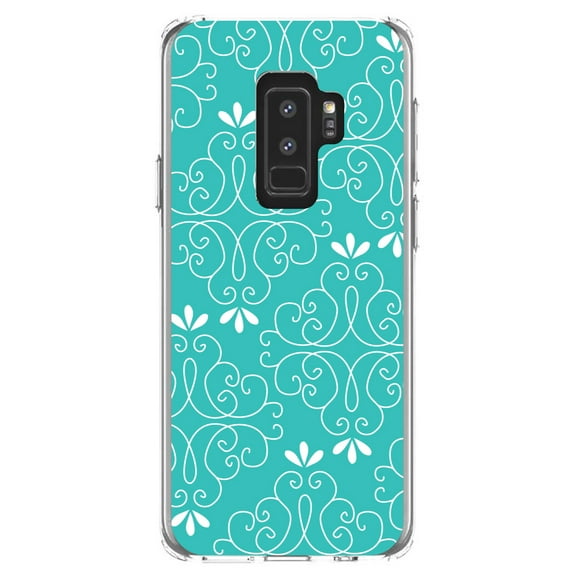 DistinctInk Clear Shockproof Hybrid Case for Samsung Galaxy S9  PLUS (6.2" Screen) - TPU Bumper, Acrylic Back, Tempered Glass Screen Protector - Teal White Floral