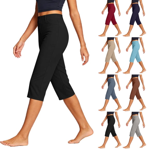 Stamzod Capri Pants for Women High Waist Stretch Summer Capris Work Casual Cropped Trousers with Pocket Black L