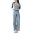 thumbnail image 6 of Women's Sleepwear Womens 2 Piece Outfits Summer Casual Loose Short Sleeve Pullover Tops & Wide Leg Pants Sets Tracksuit New,Blue Women's Sleepwear L, 6 of 6