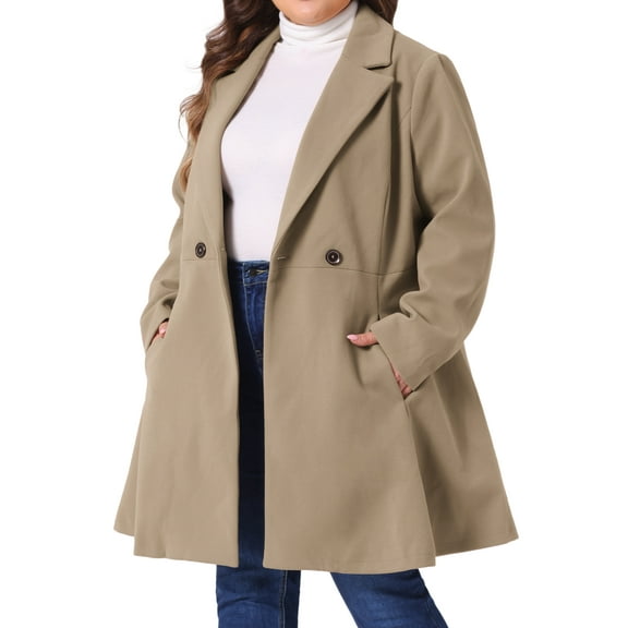 DARING DIVA Women's Plus Size A Line Notched Lapel Double Breasted Coat 4X Khaki