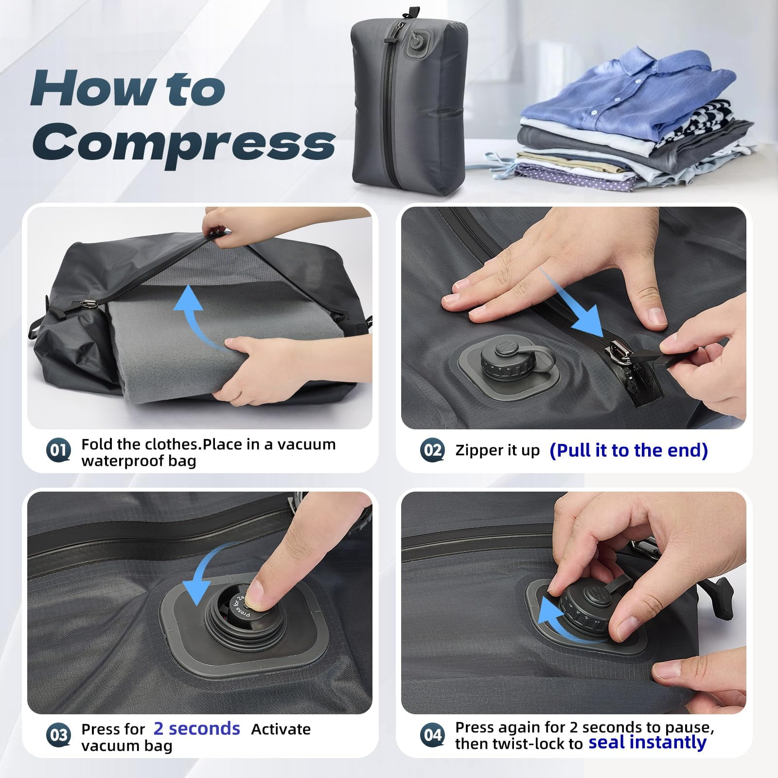 Vacuum Storage Bags with Built-In Pump (No Separate Pump), USB-C Charging, Waterproof Airtight for Travel, Clothes, Bedding, Suitcase