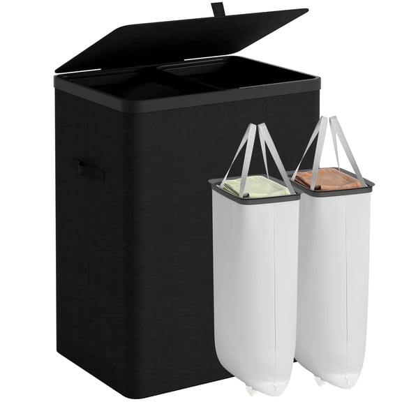 BGTREND 150L Double Laundry Hamper with Lid, 2 Removable Washing Bags with Handles, Large Clothes Sorter for Easy Separation (Black)