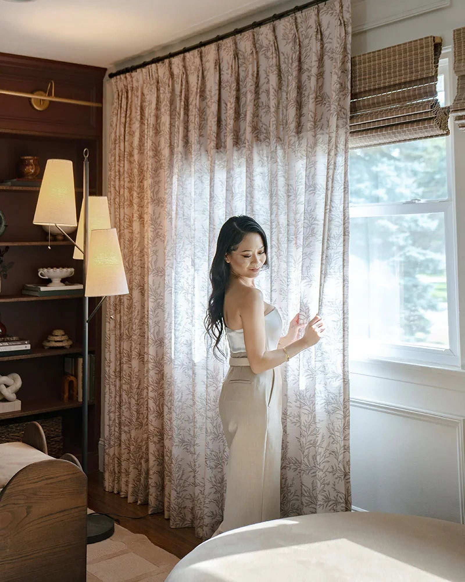 TWOPAGES Polyester Linen Floral Print Curtain 26 X 102 Inches Long 1 Panel Light Filtering Pinch Pleat Drape for Guest Room, Porcelain