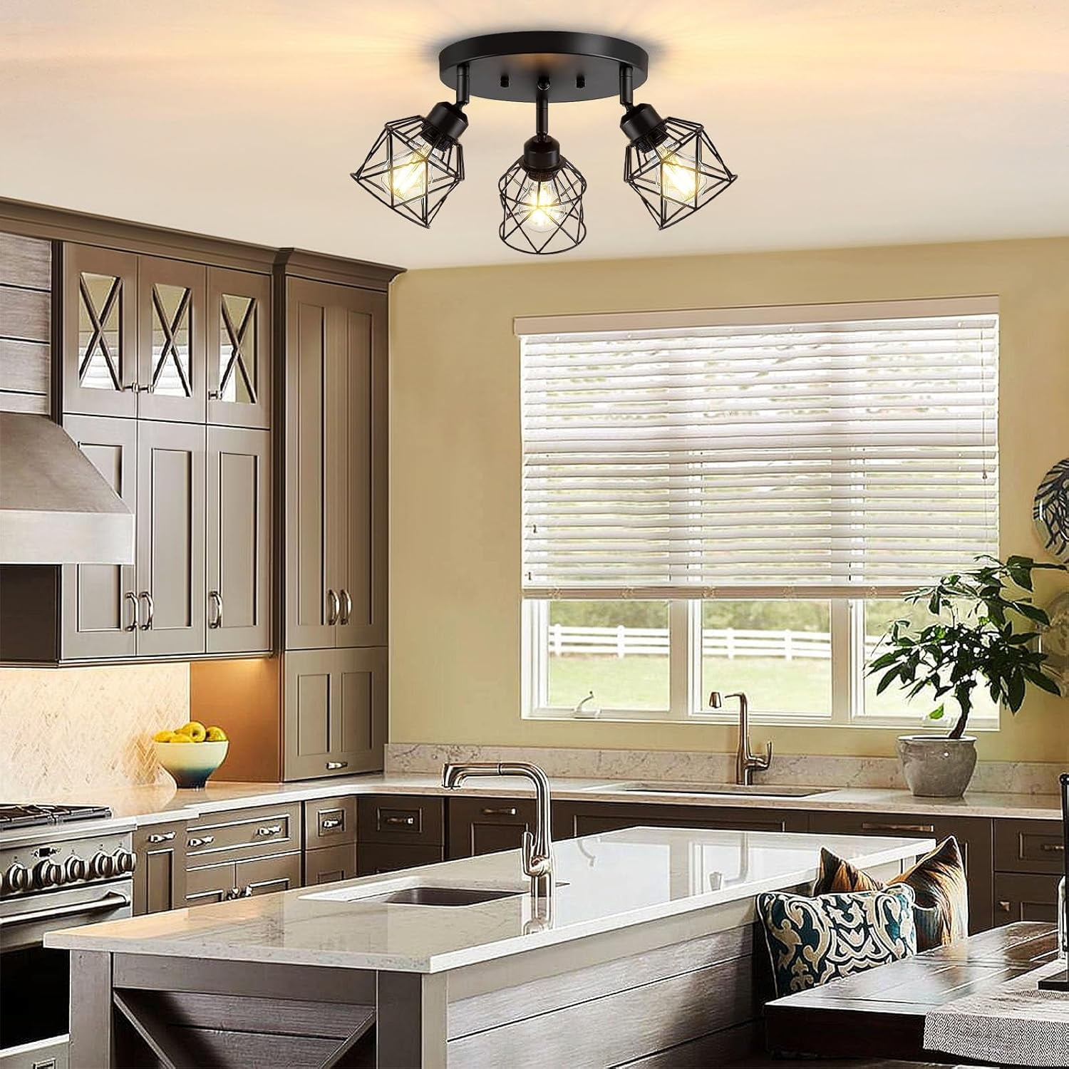 Kitchen Light Fixtures Ceiling Mount, Black Ceiling Light Fixtures 3-Light Adjustable Semi Flush Mount Ceiling Light, Multi-Directional Ceiling Lights for Kitchen Hallway Dining Room(E26 Base)