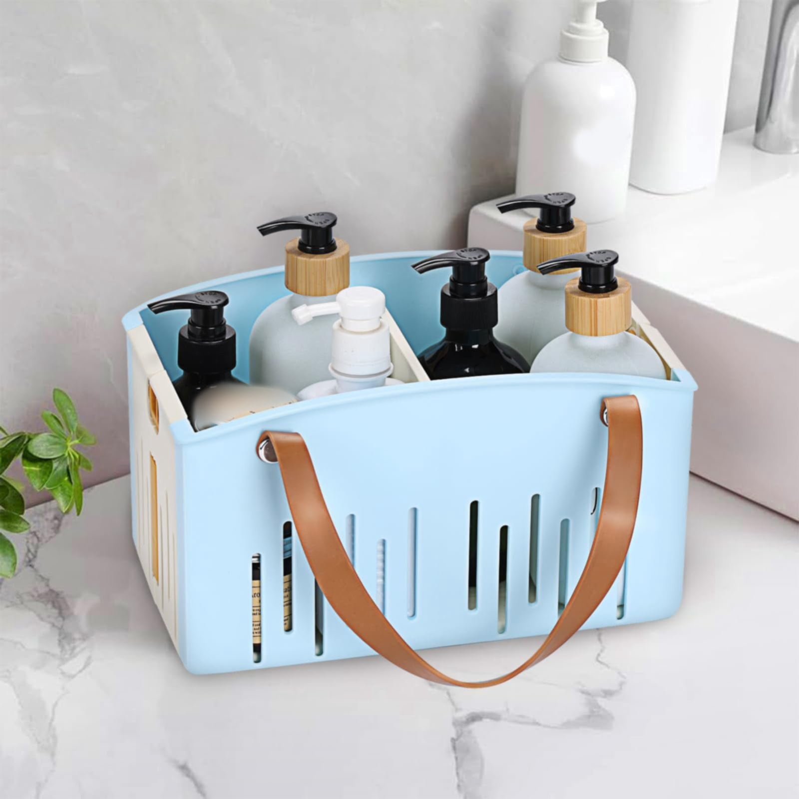 Portable Shower Caddy Basket, Plastic Collapsible Cleaning Organizer, Storage Tote with Handle, Removable Divider for College, Dorm Room, Camp, Gym, Dorm, Bathroom, 11.02x7.09x6.5"