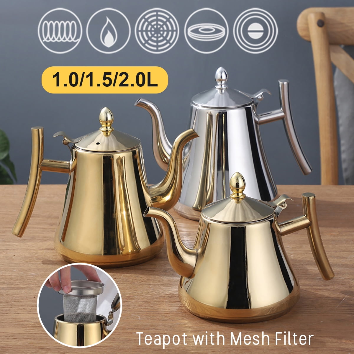 1/ 1.5/ 2L Thicker Stainless Steel Water Kettle Hotel Tea Pot With