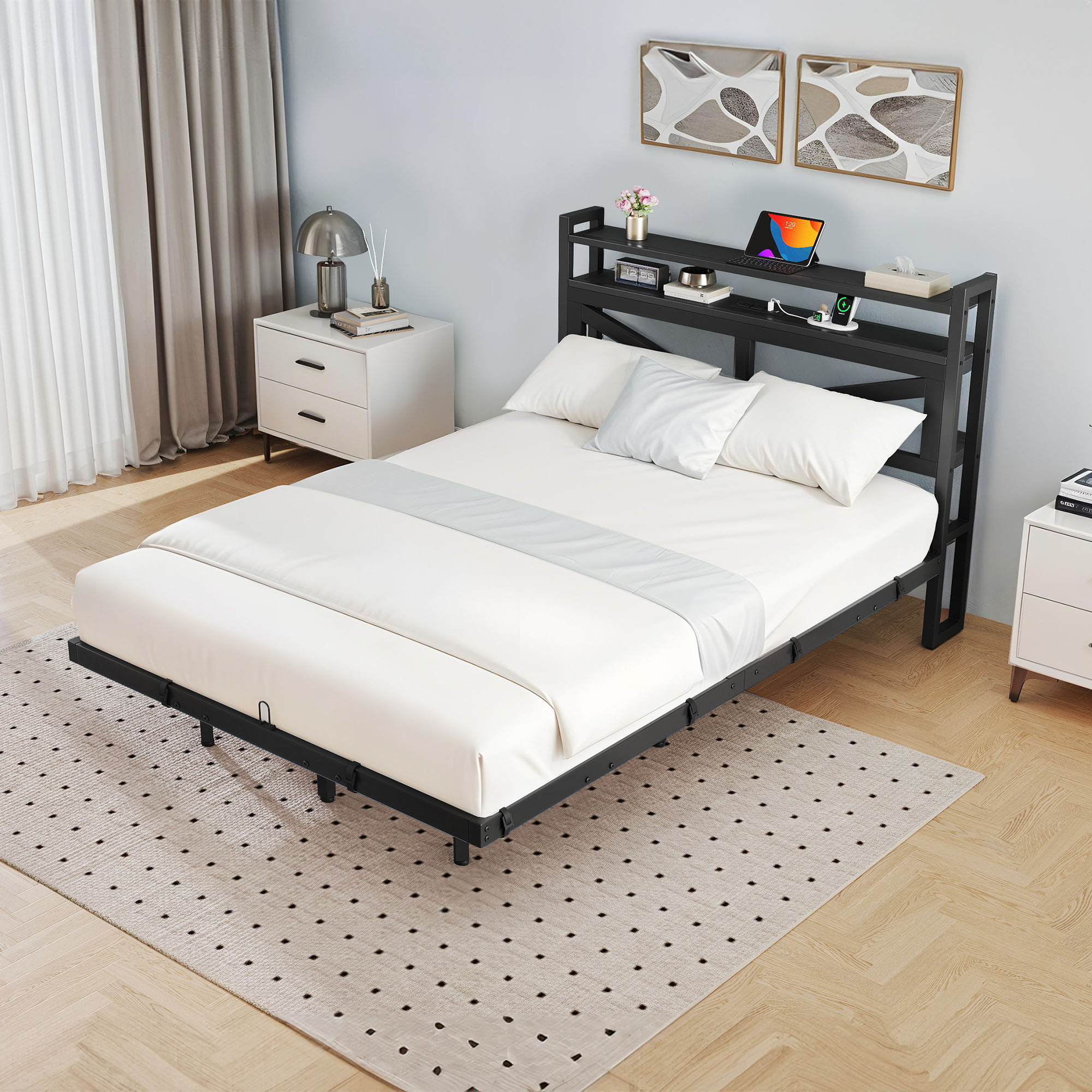 Dextrus Modern Floating Bed Frame, Full Size Bed Platform with 2-tier Storage Headboard, Noiseless Metal Frame, Built-in Power Hub, and LED Lights, Black
