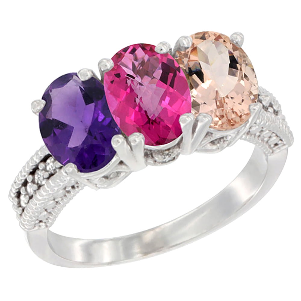 10K White Gold Natural Amethyst, Pink Topaz & Morganite Ring 3-Stone Oval 7x5 mm Diamond Accent, sizes 5 10 by WorldJewels