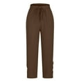 thumbnail image 7 of Stamzod Cotton and Linen Pants Women Solid Color Elastic Waist Lace Patchwork Straight Beach Pants Casual Loose Trousers Pants for Women with Pocket Coffee C S, 7 of 7
