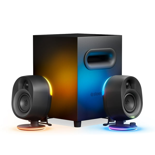 Altavoces para juegos SteelSeries Arena 7 RGB 2.1 con iluminación, graves potentes, subwoofer y Bluetooth. Compatibles con PC, PlayStation y dispositivos móviles. Negro (Renovado).