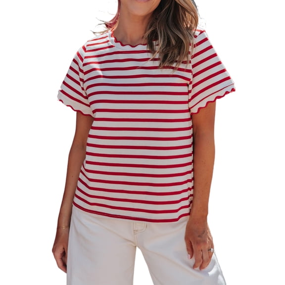 Casual Women's Red Stripe Scalloped Trim T-Shirt – Perfect for Daily Summer Wear, XL