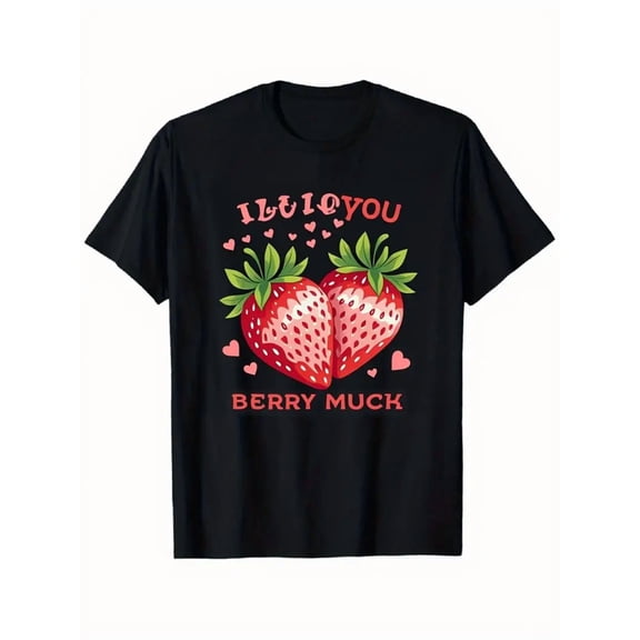 Men's & Women's I Love You Berry Much Black T-Shirt - Strawberry Heart Print Short Sleeve Crew Neck Top, Casual Valentine's Day Summer Tee with Cute romantic design, All-Season Fit