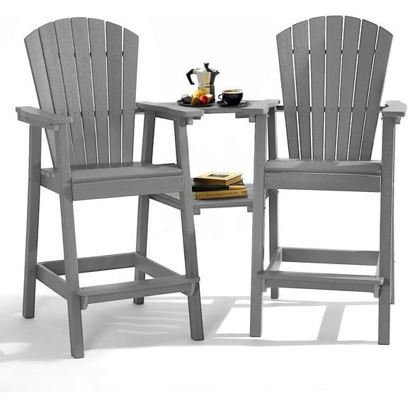 Tall Adirondack Chair Set of 2 with Removable Double Connecting Trays, Recycled HDPE with Wood Grain, Weather Resistant, Outdoor Adirondack Barstools for Deck, Balcony, Patio, Backyard