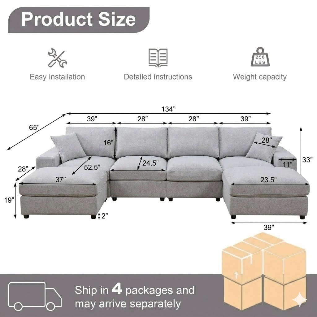 Howcool Cloud Couch Modular Sectional Sofa 6 Seat 134" U Shaped Convertible Couch Chenille Thick Cushion with 2 Storage Ottomans and Toss Pillows Washable Removable Cover for Living Room,Beige