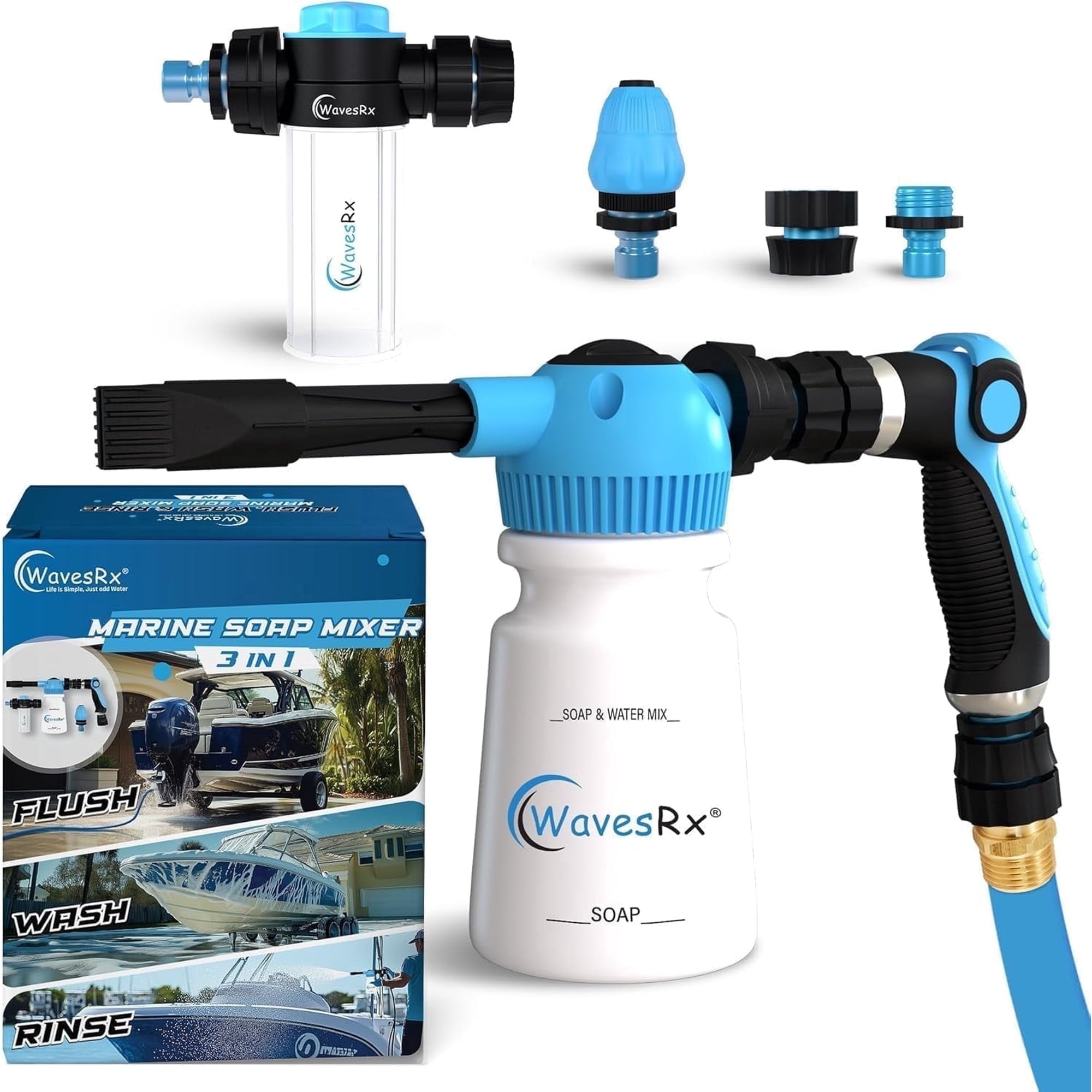 WAVESRX Boat & PWC Soap & Engine Flush Mixer Bundle – Foam Cannon for Pressure Washer Accessories, Garden Hose & Jetski Cleaning Kits