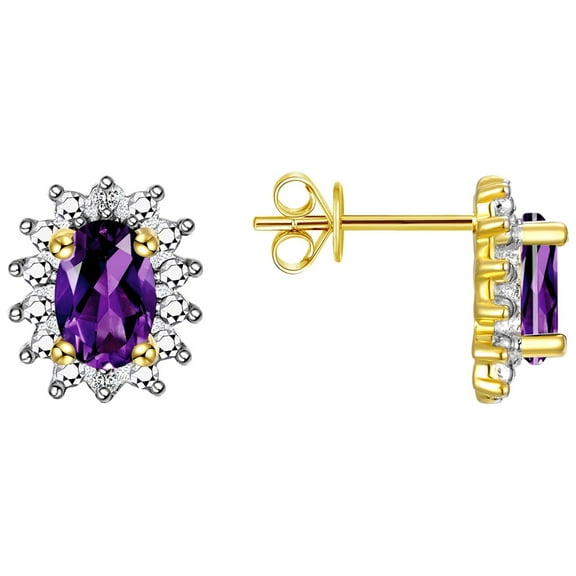Rylos 14K Yellow Gold Halo Stud Earrings - 6X4MM Oval Amethyst & Diamonds - Exquisite Birthstone Jewelry