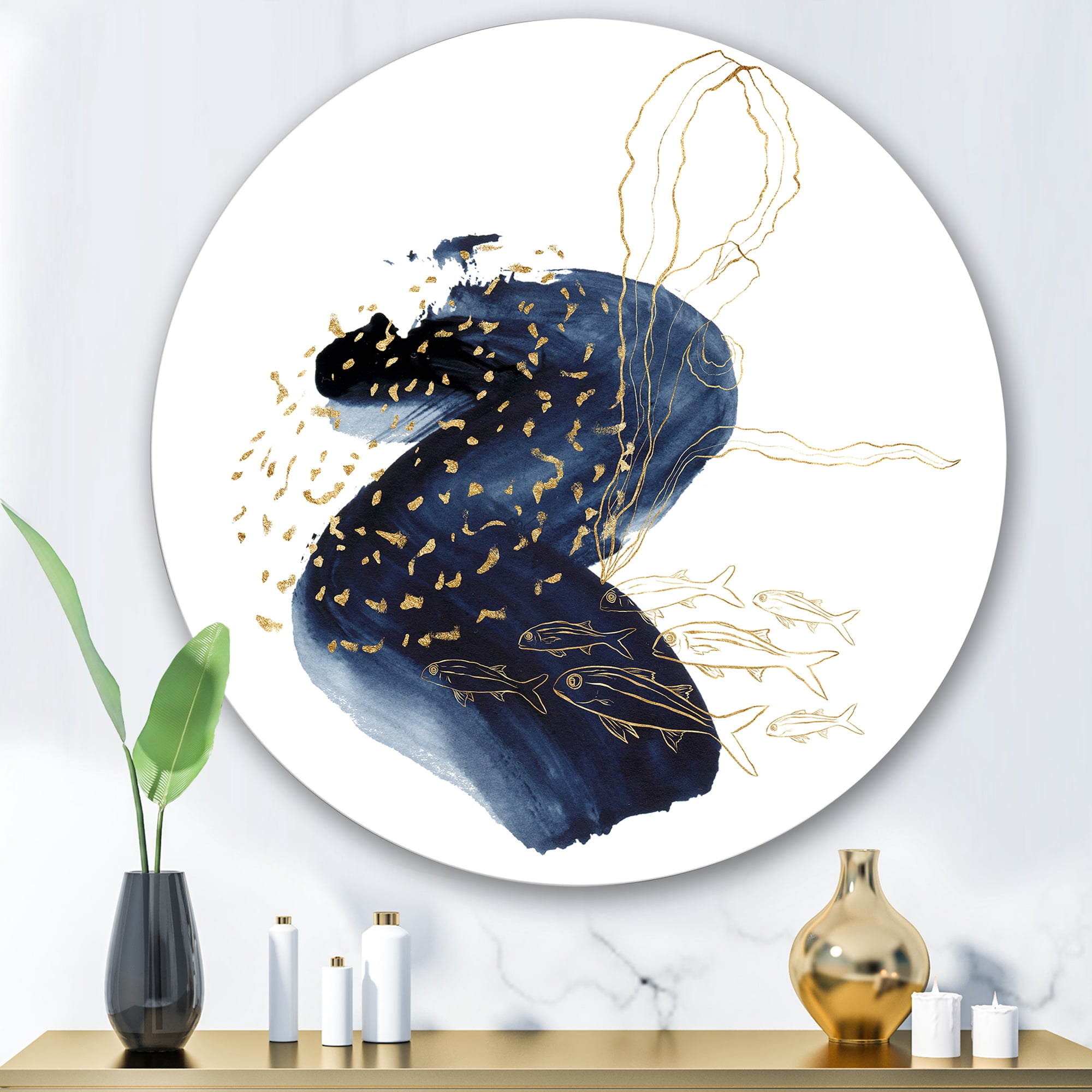 Designart 'Underwater Marine Life Classic Blue Square ' Farmhouse Circle Metal Wall Art 29x29 - Disc of 29
