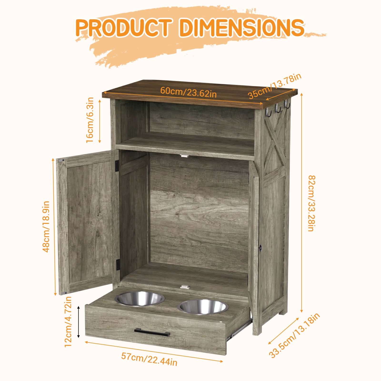 MAYEERTY Dog Feeding Station Cabinet with Elevated Bowls, Farmhouse Pet Feeder Station with Hidden Pull-Out Drawer, for Pet Supplies