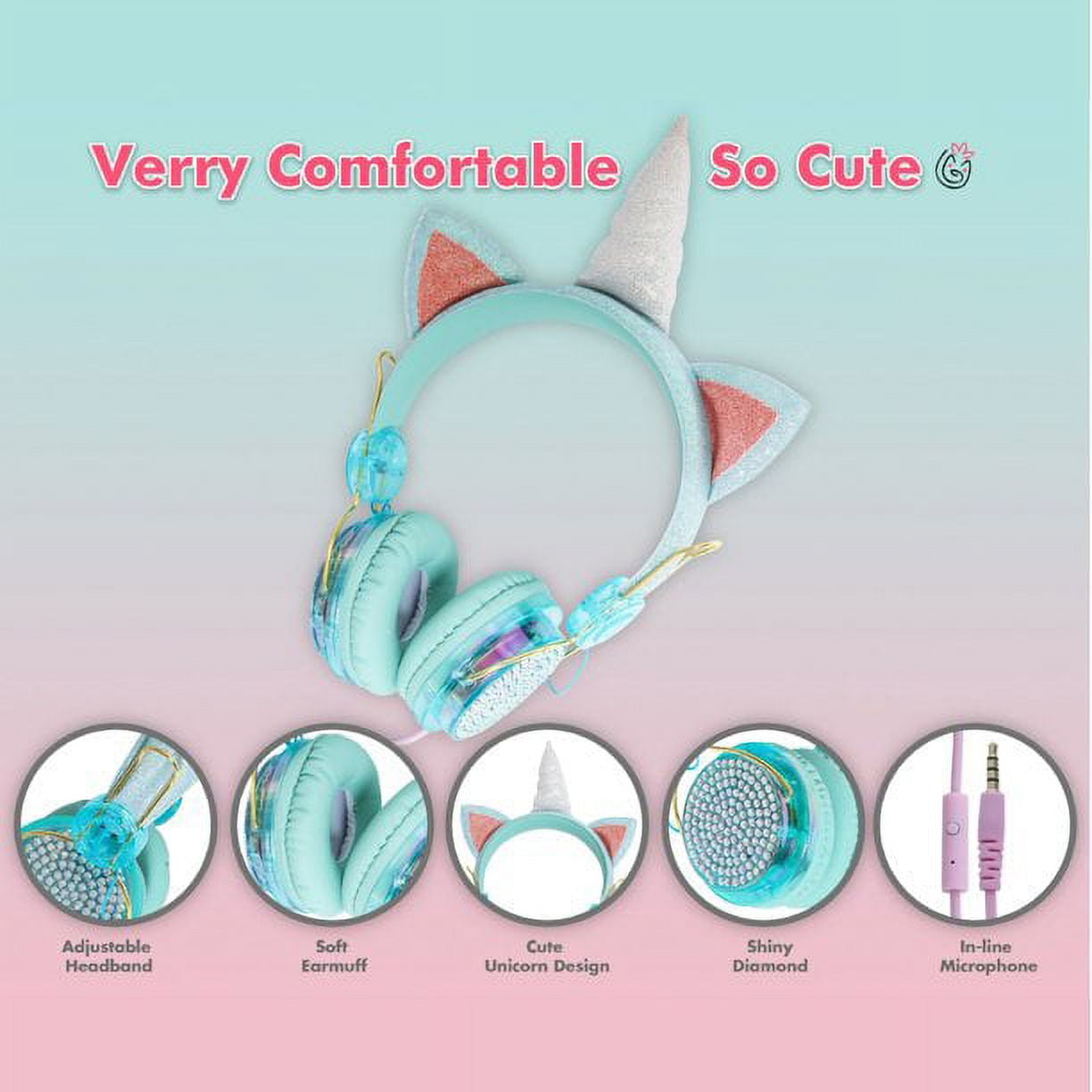 Unicorn Headphones Wired Headphones for Kids with Microphone Cute Glittery Unicorn Headphones for Girls Over The Ear Headphones with 3.5mm Jack Ideal for Home School Birthday Green Walmart