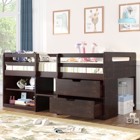 Twin Loft Bed with Storage and Full-Length Guardrail Low Loft Bed Frame with 2 Shelves and 2 Drawers  No Box Spring Needed Antique Espresso
