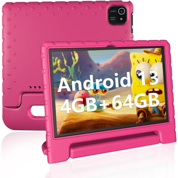 JREN Newest Kids Tablet 2024,10 inch Tablet for Kids with WiFi,10.1 IPS HD Screen,CPU Speed up to 1.8GHz,RAM 4GB and 64GB Storage,Toddler Tablet with Protective case,Color Pink