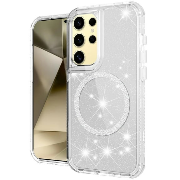 Designed for Samsung Galaxy S24 Magnetic Ring Circle Glitter Bling Sparkle 3in1 Hybrid [Compatible with Magsafe] Transparent Shockproof Phone Case Cover [Clear]