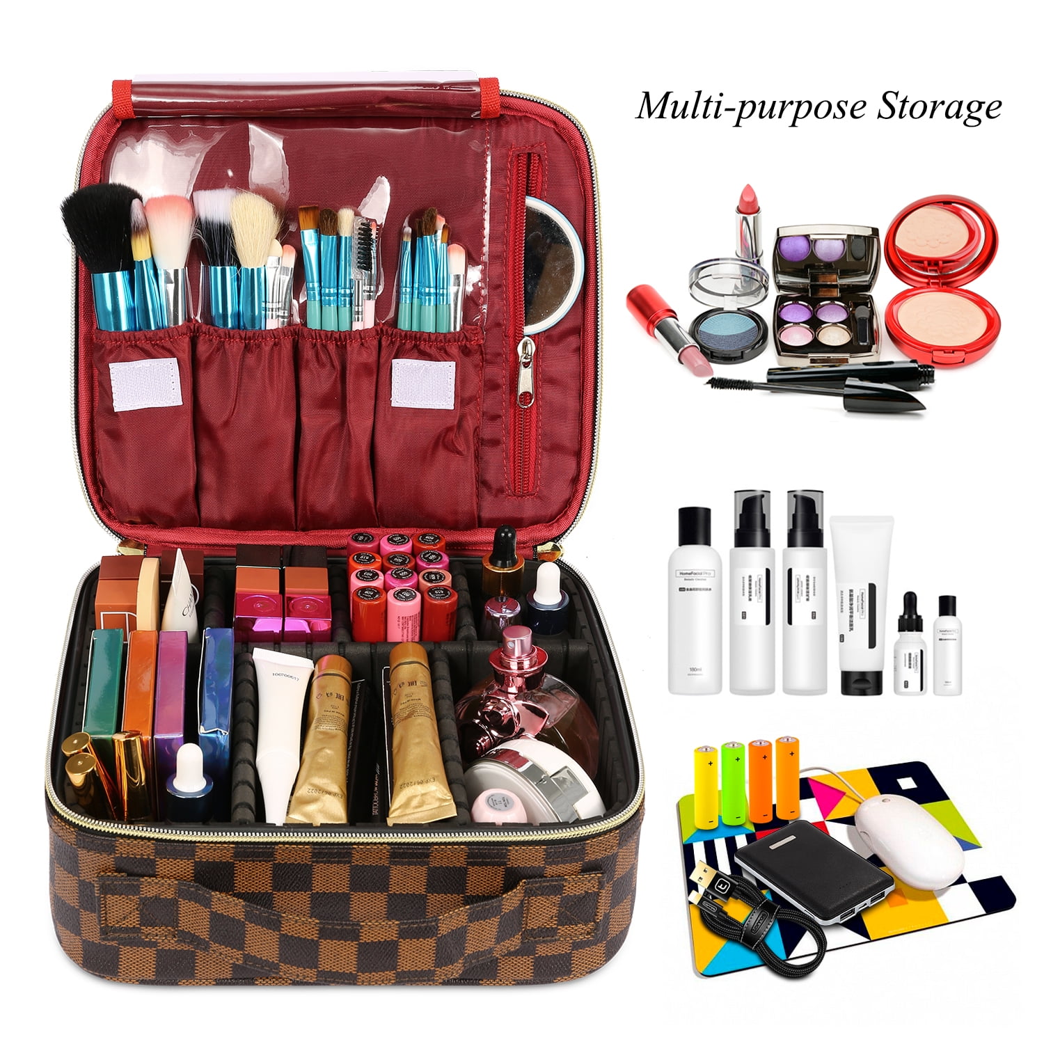 LEICURACE Large Capacity Makeup Organizer Bag, A Cosmetic Bag for Women and  Girls, Makeup Brush Bag, Travel Makeup Bag, Checkered Makeup Bag, Best