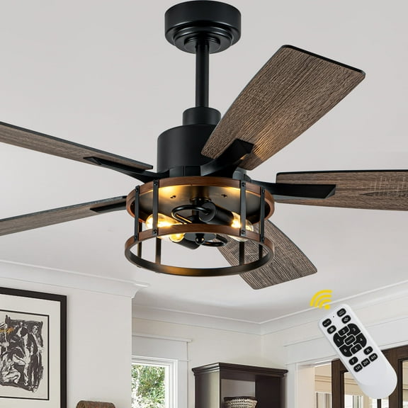 Bella Depot 52" Industrial Cage Ceiling Fan with Light and Remote 6-Speed Reversible Fan