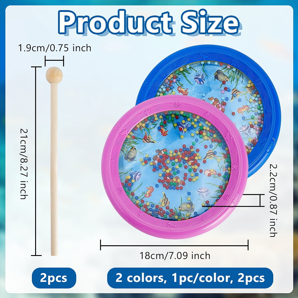 2Pcs Plastic Wave Bead Ocean Drum with 2Pcs Round Head Wood Drumstick Musical Instrument Mixed Color 180x22mm diy
