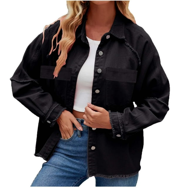 Lovzfmll Fall Jackets for Women, Solid Color Fringe Denim Jacket, Long Sleeve Coat with Pockets, Fall Clothing