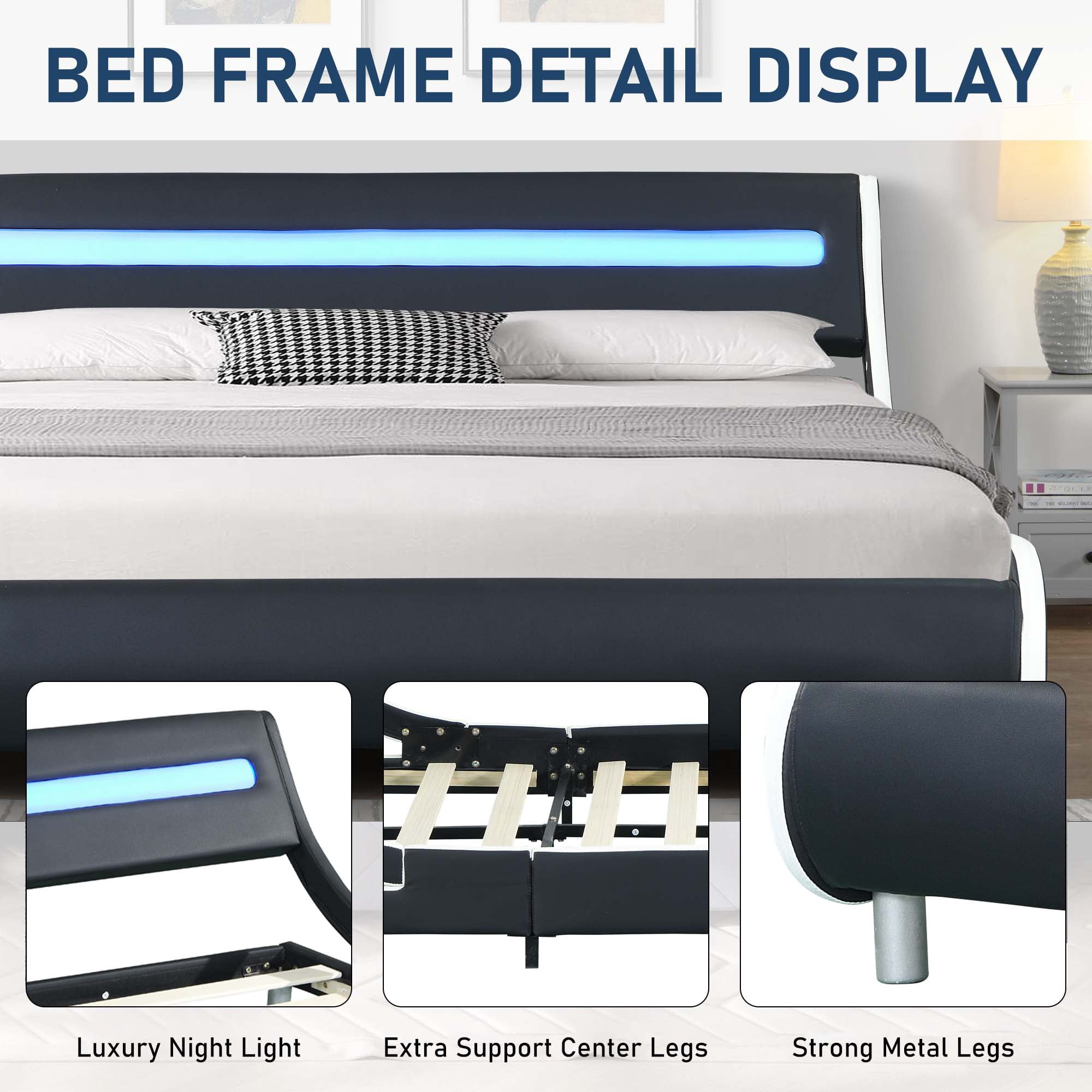 Aukfa Upholstered LED Bed Frame, Faux Leather Queen Platform Bed with 16 LED Light Headboard - Black/White