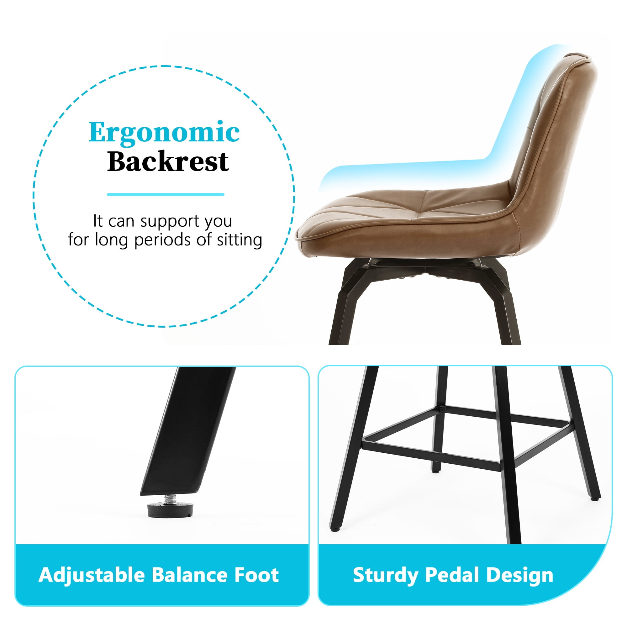 ClinQ 26 inch Swivel Counter Height Bar Stool Set of 3, Faux Leather Seat with Metal Legs and Back, Darkbrown
