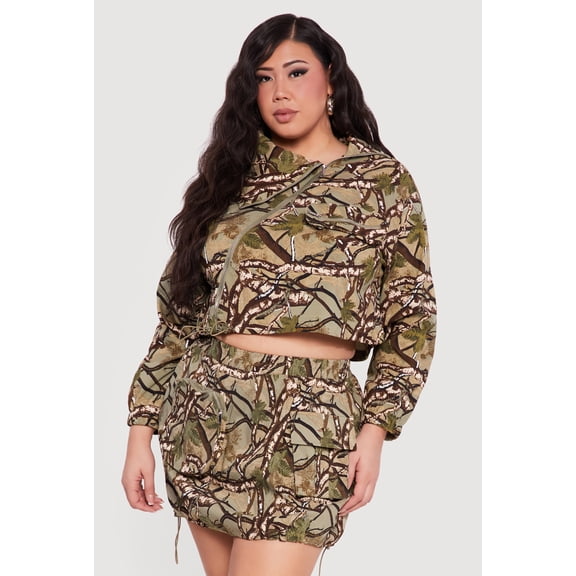 Women's Plus Size Hunter Camo Zip Front Drawstring Hem Jacket