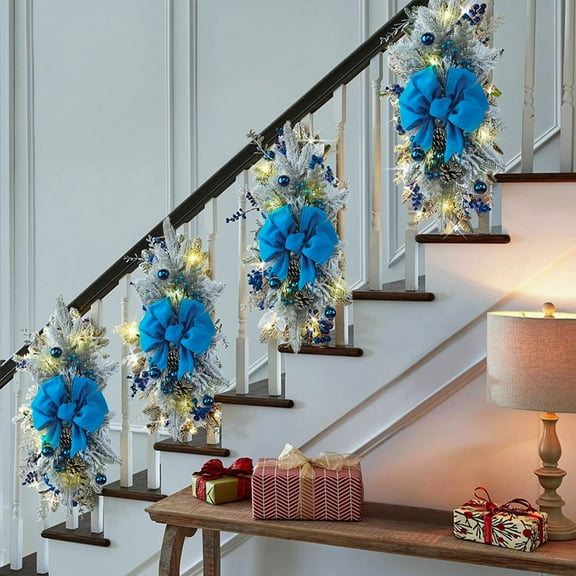 Christmas Staircase Swags Cedar Garland with Pine Cone Berries and Bowknot Christmas Draping Cedar Wreath for Front Door Wall Window Home Indoor Outdoor Decor