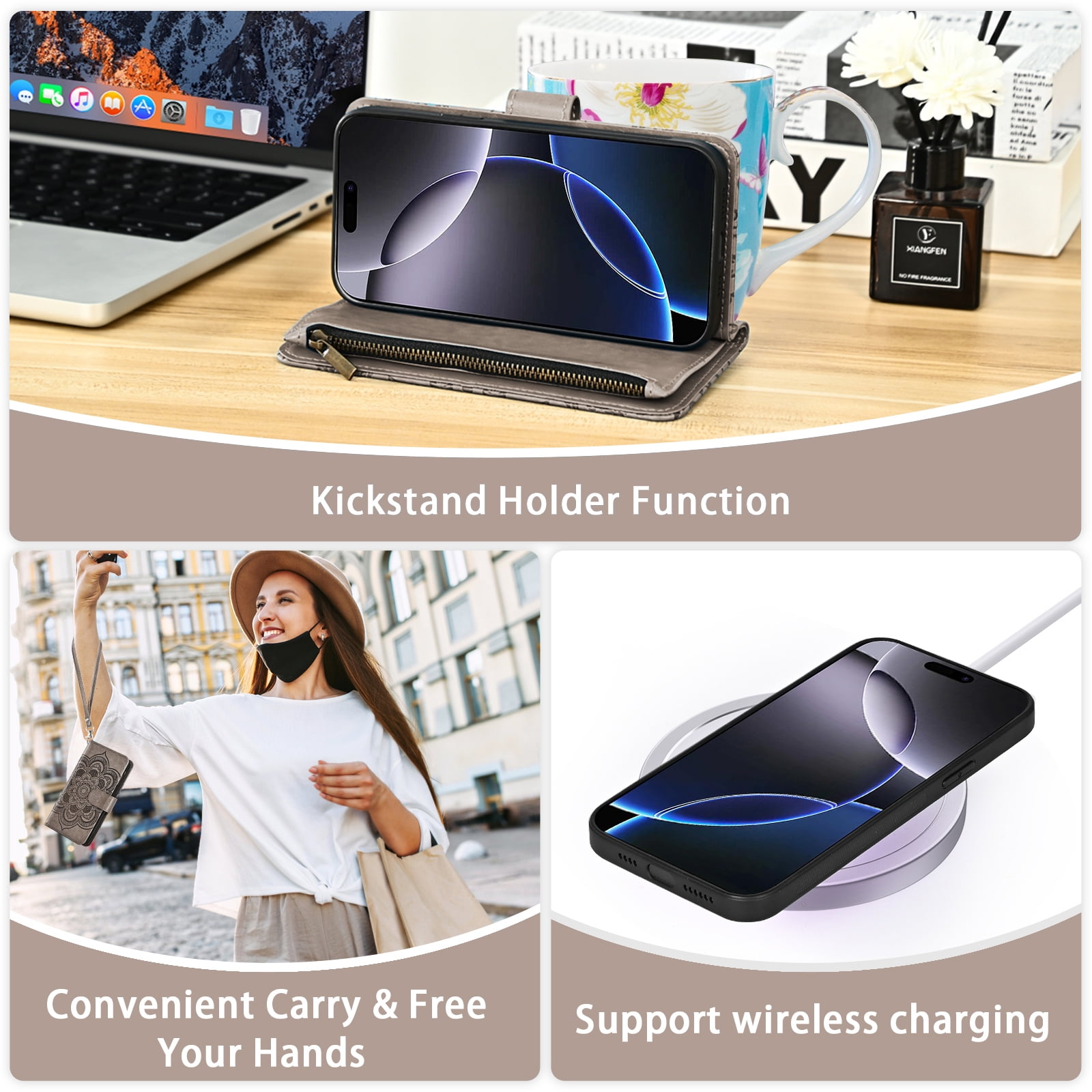 Phone Case for iPhone 16 Pro Max 6.9 inch Zipper Wallet Magnetic Detachable Cell Cover with Tempered Glass Screen Protector Crossbody Strap Flower Card Holder Slot i16 ProMax 16ProMax Women Grey