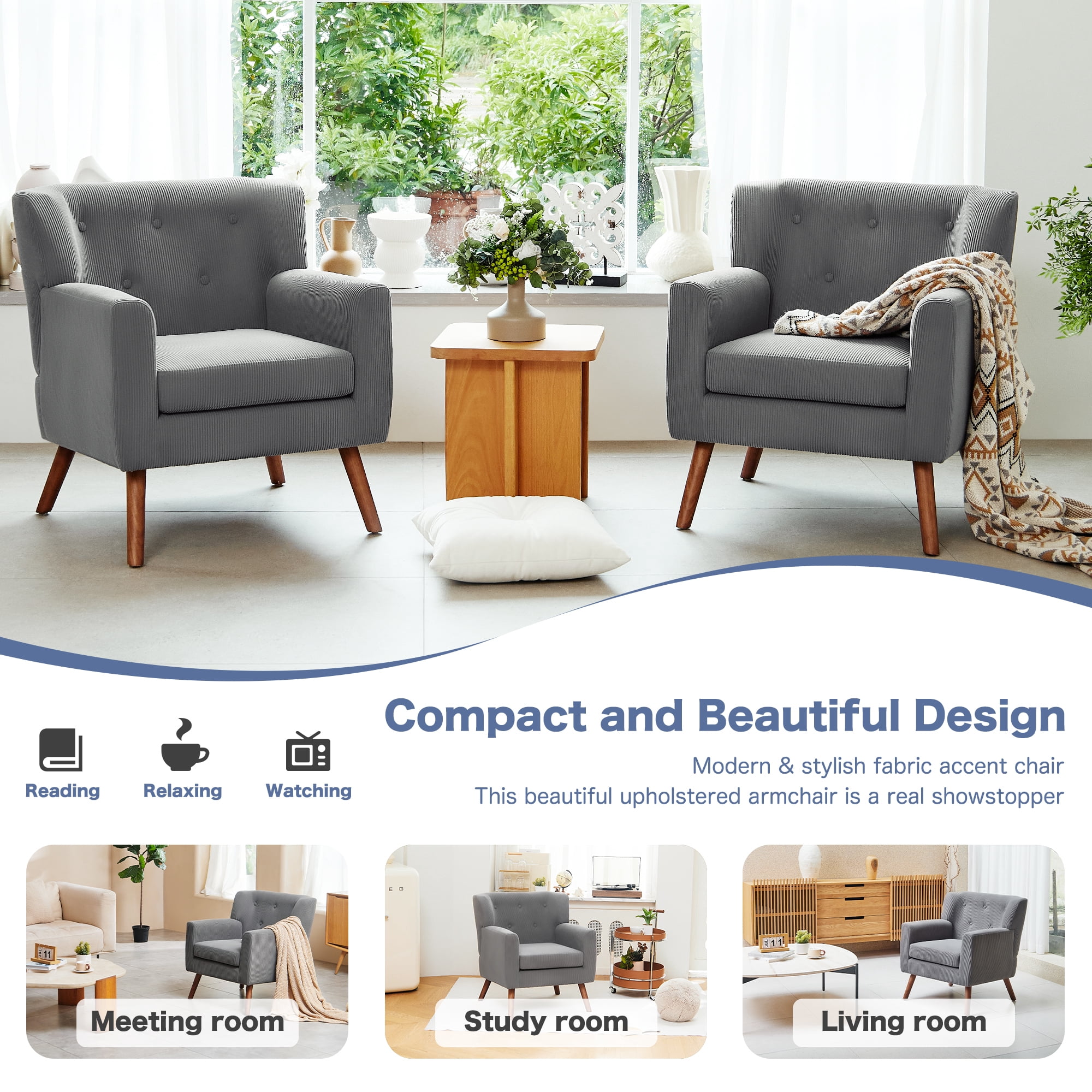 TrumanPick Accent Chair, Modern Upholstered Comfy Sofa Chairs, Fabric Mid-Century Armchair Button Tufted Lounge Chair for Living Room, Bedroom, Gray