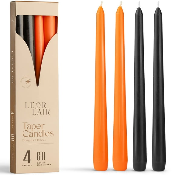 Leor & Lair Halloween Taper Candles - 4 Pack 10" Orange & Black Candlesticks for Halloween