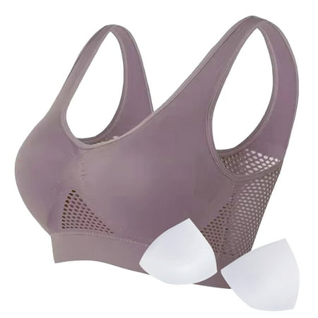 Linfrsh Sports Bras for Women Wirefree Mesh Breathable Underwear with Pads Push up Bra Plus Rose Gold M